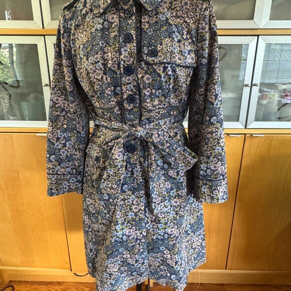 Anthropologie Elevenses Glajevica Floral Blue Trench Coat Size 8 - Picture 1 of 7